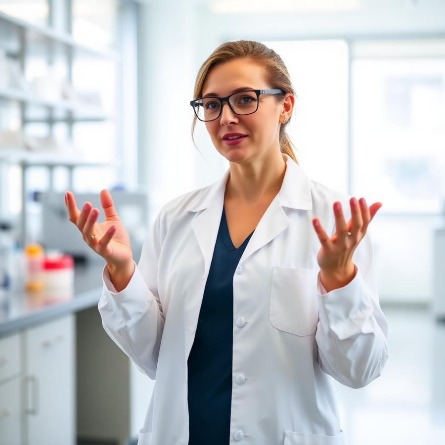 Researcher describing her work in the laboratory